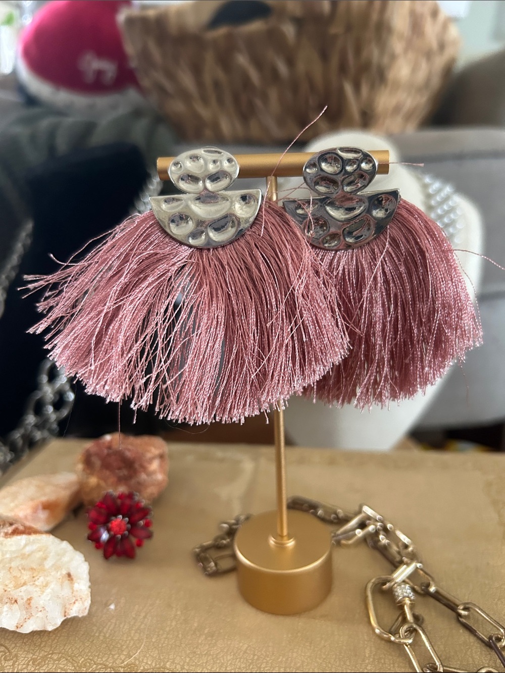 Boho Pink Tassel Statement Earrings